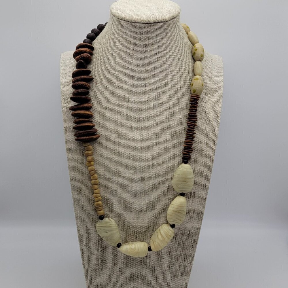 Stone And Wood Beaded Statement Necklace Silver Tone 24 in Beige Brown Bohemian